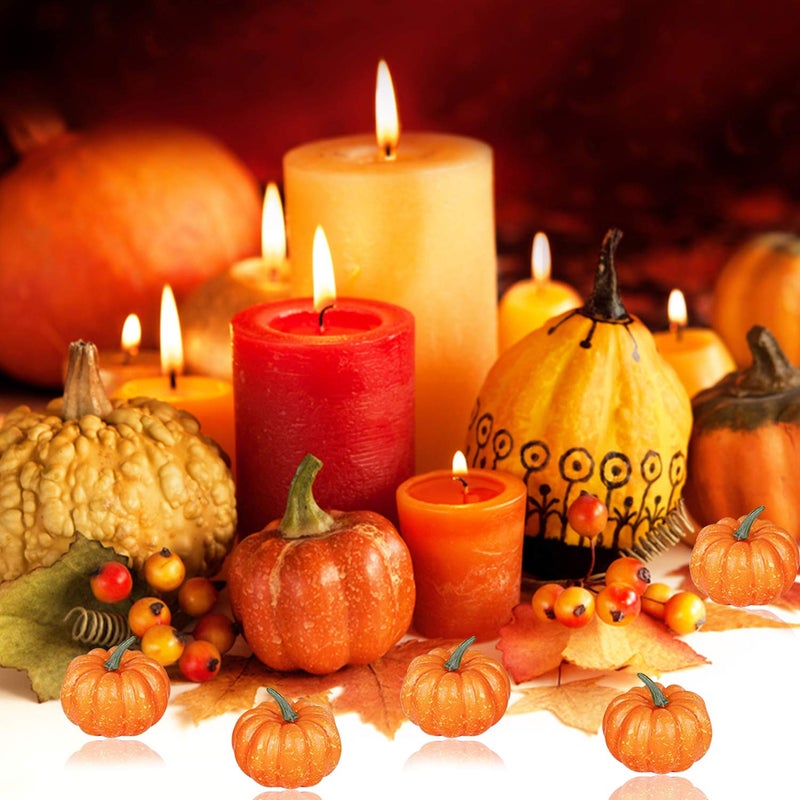 Lainrrew 12 Pcs Mini Artificial Pumpkins, Fall Harvest Simulation Pumpkins Decor Fake Fruit Home Decor for Halloween Thanksgiving Party Decorations (Orange) - Image 2
